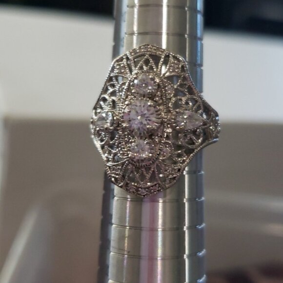Retro 1920's Vintage Style Filigree 925 Anniversary Ring Unique Long Ring - Picture 5 of 7
